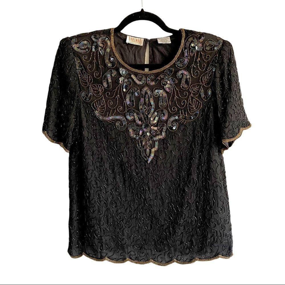 VINTAGE Braemar Black Silk Short Sleeve Blouse Embellished Size S